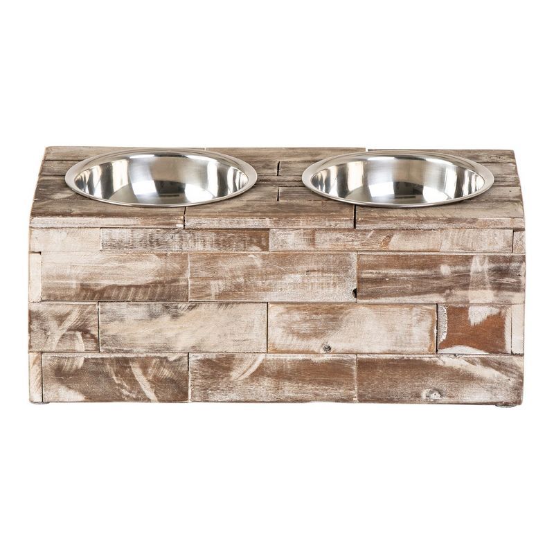 Large Rustic Reclaimed Wood Elevated Pet Feeder with Stainless Steel Bowls