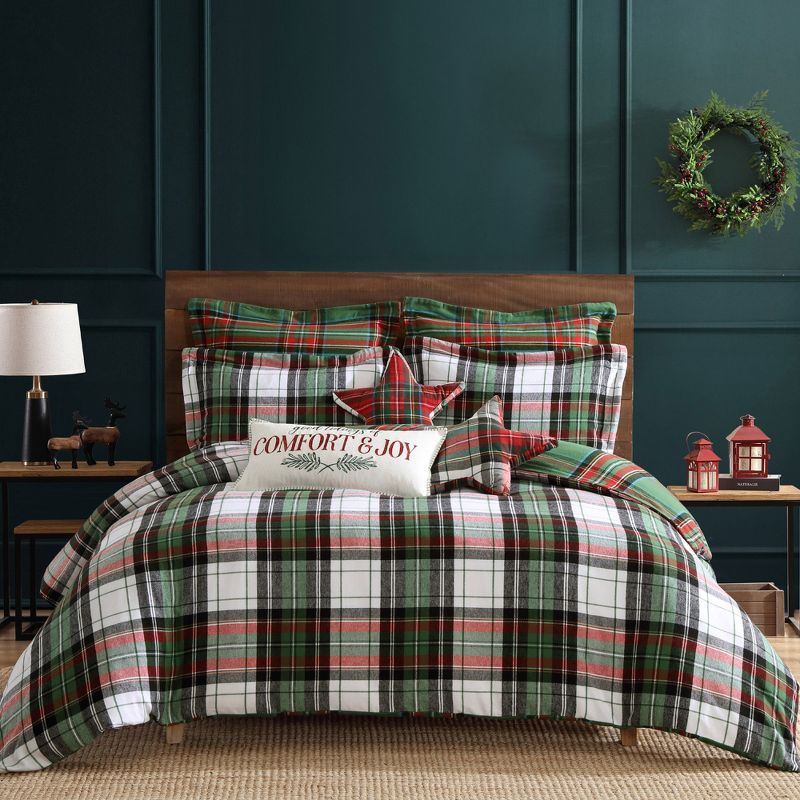 Twin Green and Red Cotton Plaid Duvet Set