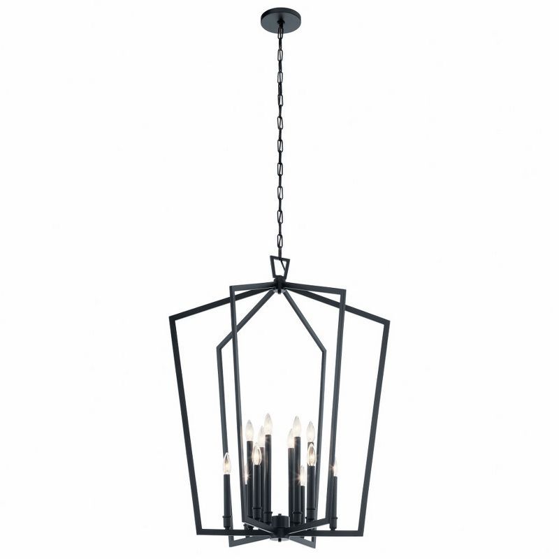 Black 12-Light Cage Chandelier with Brass Accents