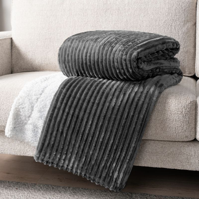 PAVILIA Soft Thick Fleece Flannel Ribbed Striped Throw Blanket, Luxury Fuzzy Plush Warm Cozy for Sofa Couch Bed