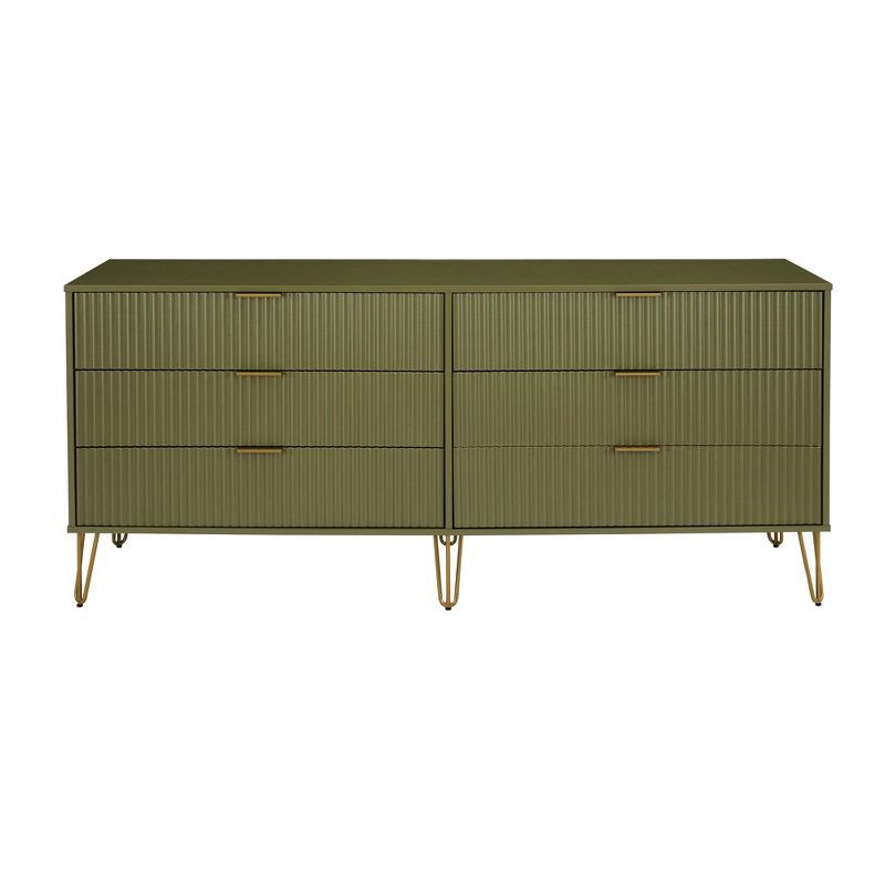 Olive Green Vertical Ribbed 6-Drawer Double Dresser with Soft Close