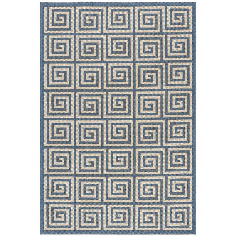 Cream and Blue Geometric 3' x 5' Stain-Resistant Synthetic Rug