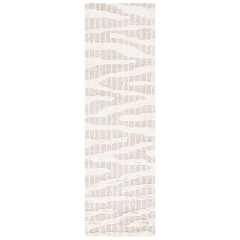 Beige and Ivory Hand-Knotted Wool Shag Runner Rug