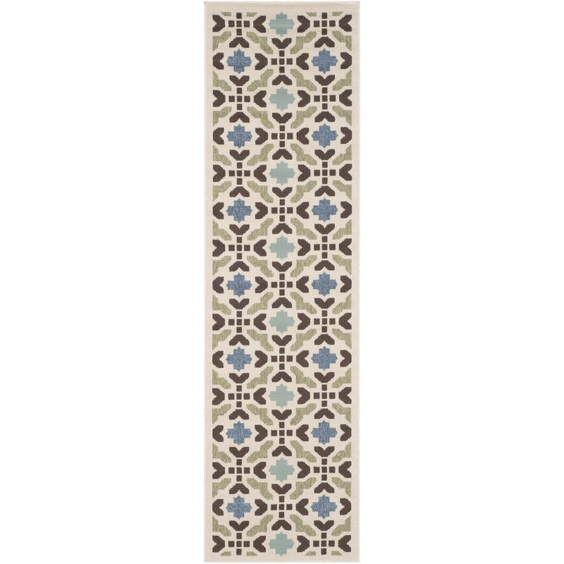Cream and Aqua Geometric Indoor/Outdoor Runner Rug 2'3" x 8'