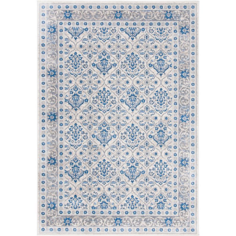 Ivory and Blue Hand-knotted Rectangular Synthetic Rug