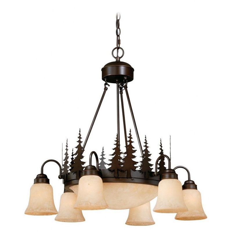 Yosemite Rustic Bronze Tree Silhouette Chandelier with Amber Flake Glass