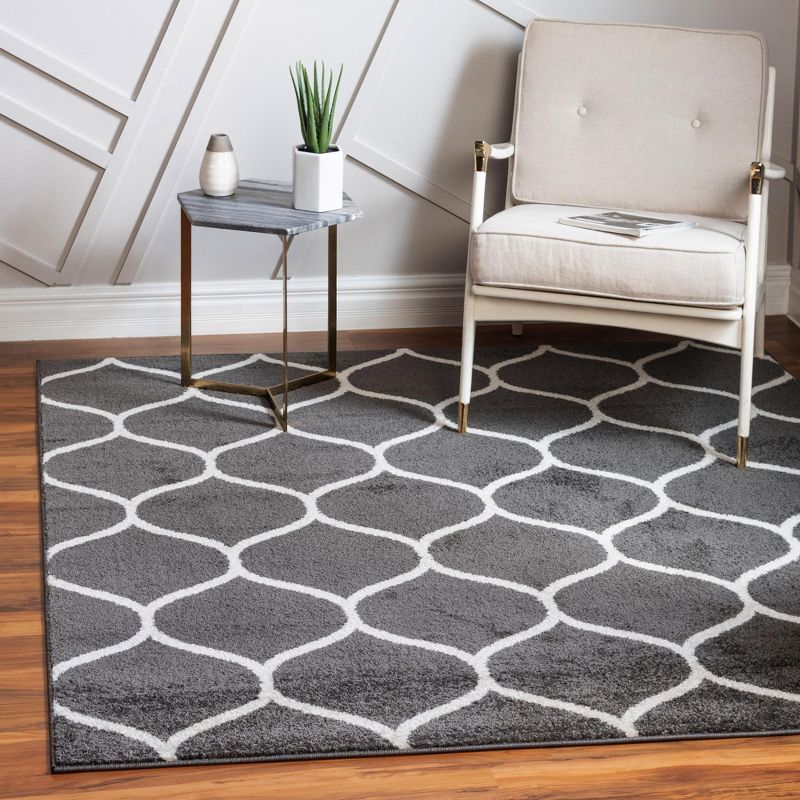 6' Square Dark Gray Ivory Trellis Frieze Synthetic Rug