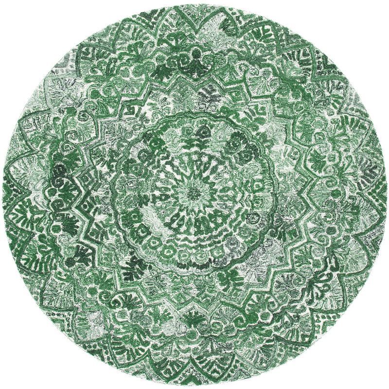 Green and Ivory Round Hand-Tufted Floral Wool Rug