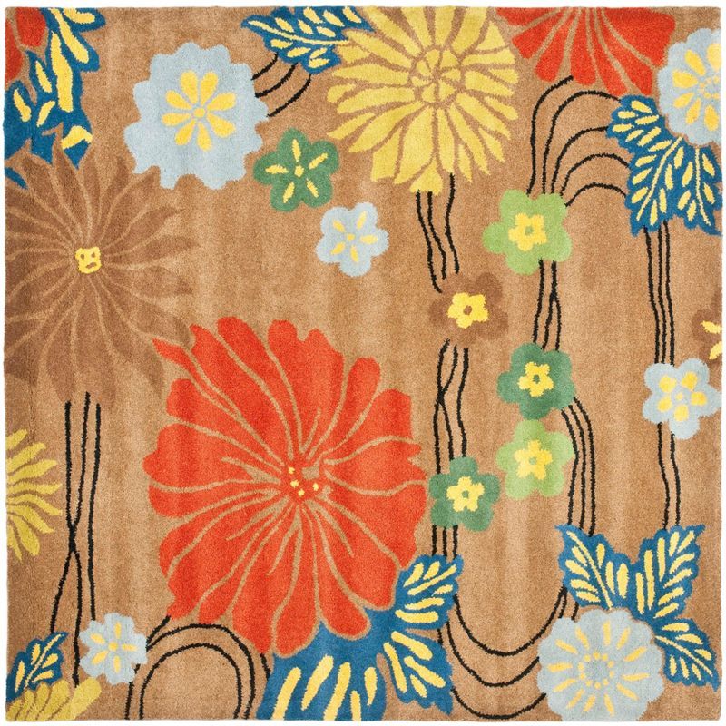 Brown and Multicolor Floral Tufted Wool Square Area Rug