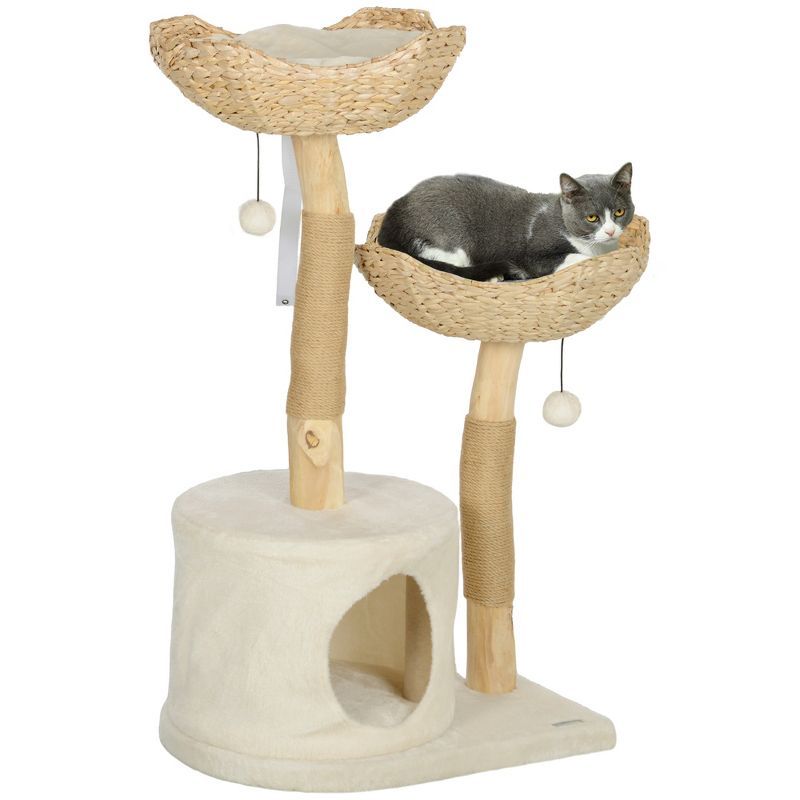 Cream White 37" Cat Tree with Wooden Posts and Cushions