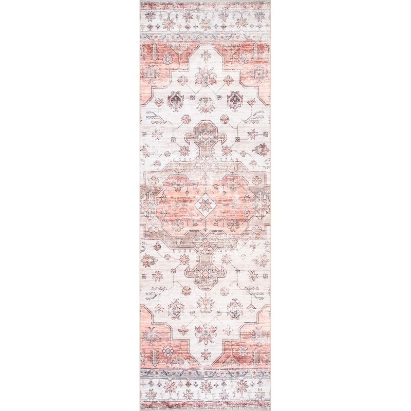 Beige and Coral Vintage Medallion Machine Washable Runner Rug