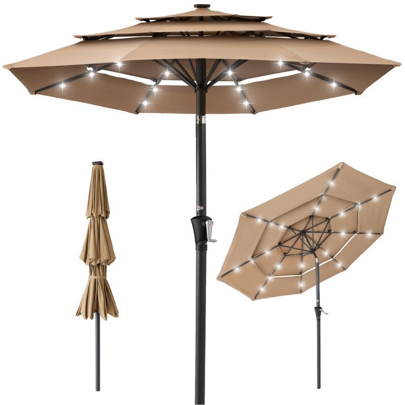 Tan 10ft 3-Tier Solar Patio Umbrella with LED Lights