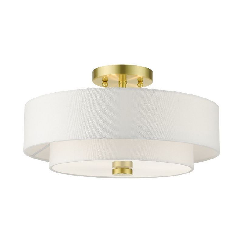 Satin Brass Modern 3-Light Semi-Flush Drum Light with Off-White Shade