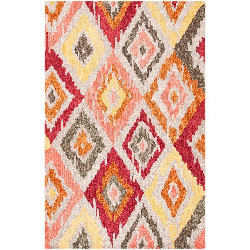 Handmade Red Ikat Wool Tufted Area Rug