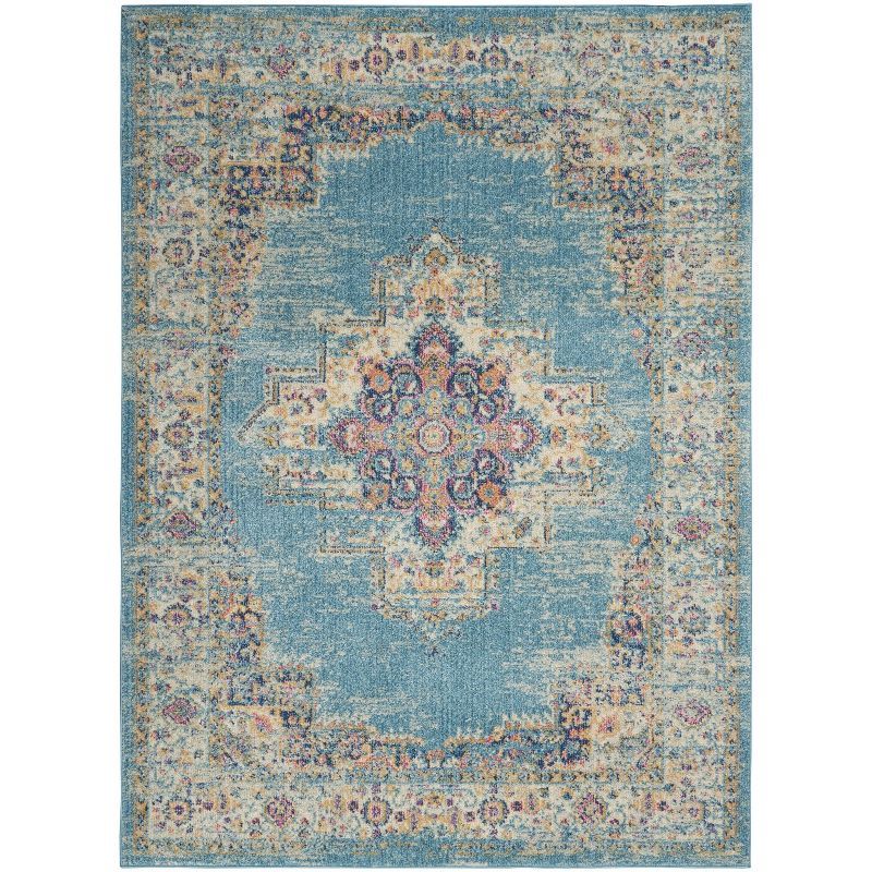 Light Blue Geometric Synthetic Medium Round Rug