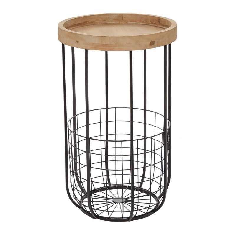 Compact Industrial Black Metal & Wood Accent Table with Basket Storage