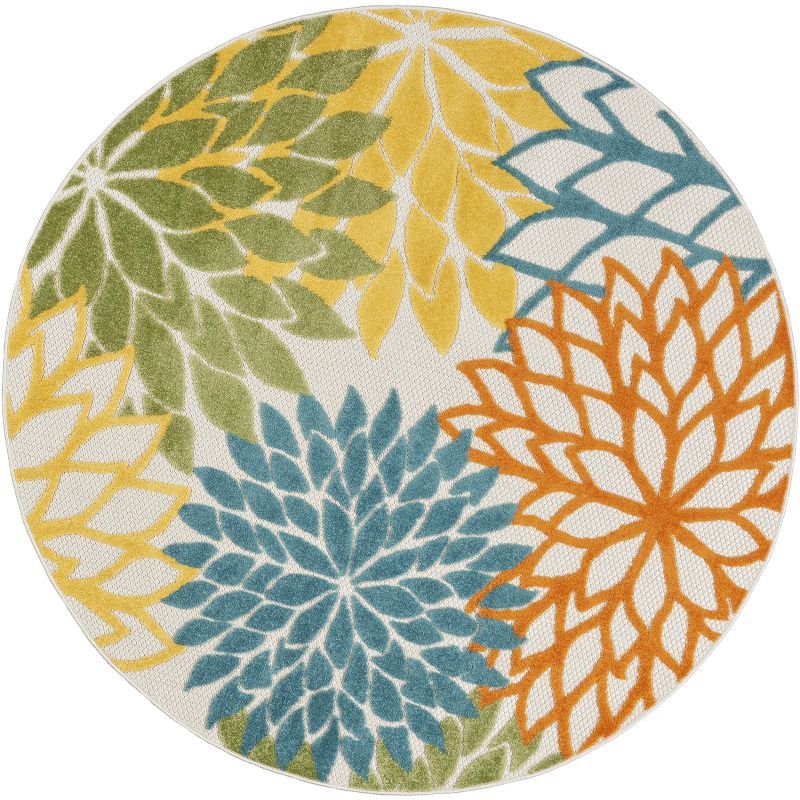 Turquoise Multicolor Floral Synthetic Round Outdoor Rug 4 ft