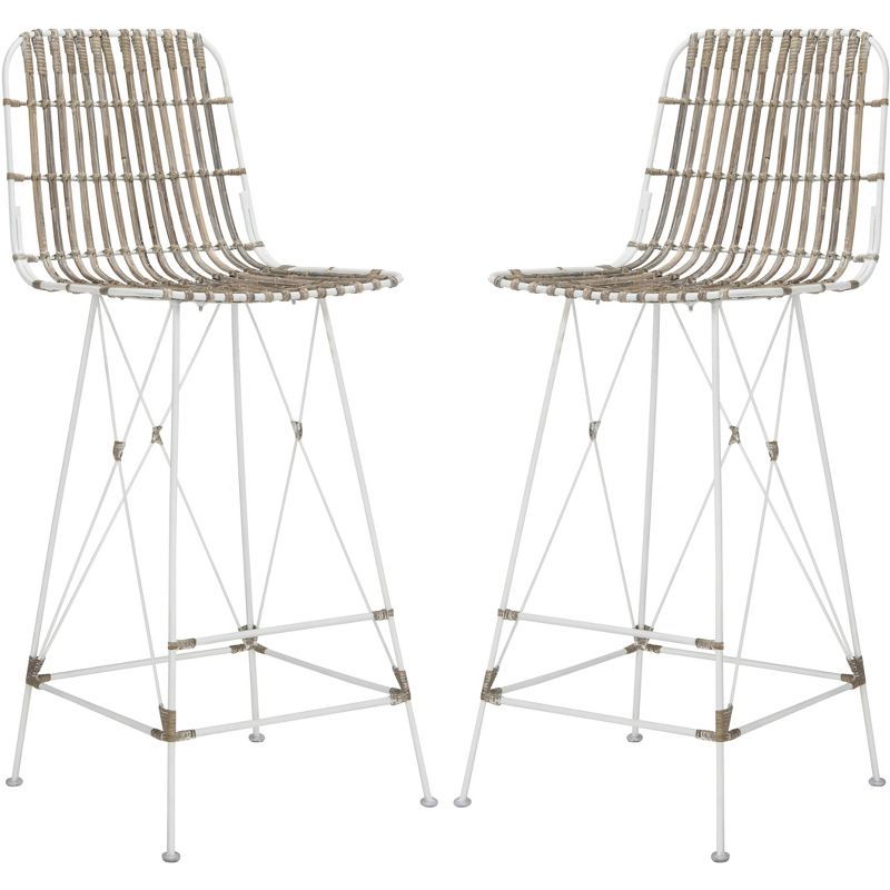 Minerva White Wicker and Metal Bar Stool Set of 2