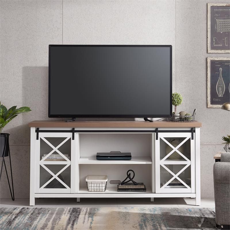 68" White and Golden Oak TV Stand with Sliding Barn Doors