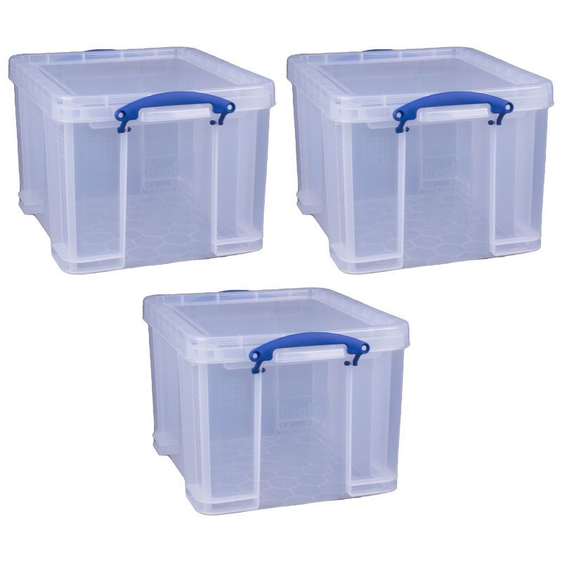 Clear 32L Plastic Stackable Storage Boxes with Blue Handles, Set of 3