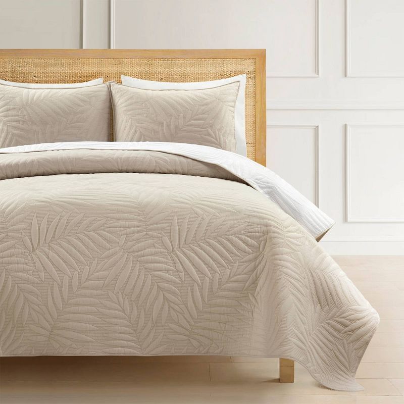 King White Reversible Cotton Quilt Set with Embroidered Leaves