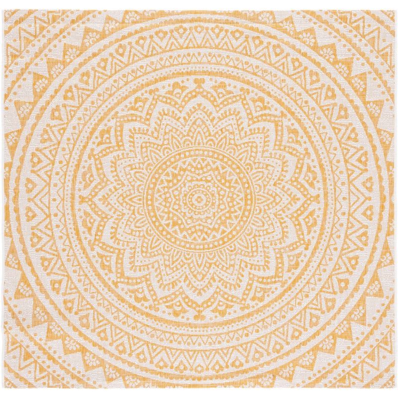 Ivory and Gold Square Synthetic Indoor/Outdoor Area Rug