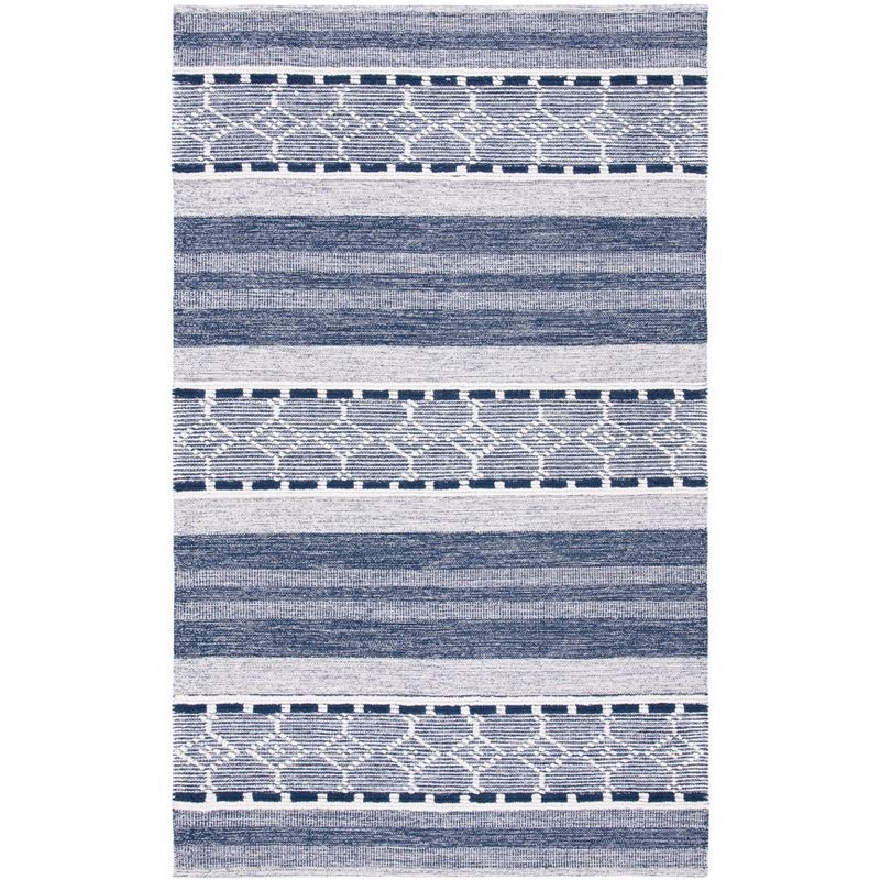 Ivory and Navy Handwoven Kilim Stripe Wool-Cotton Rug, 54"x16"