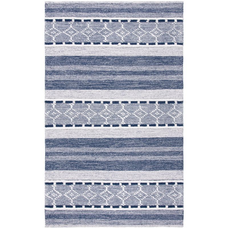 Ivory and Navy Handwoven Kilim Stripe Wool-Cotton Rug, 54"x16"