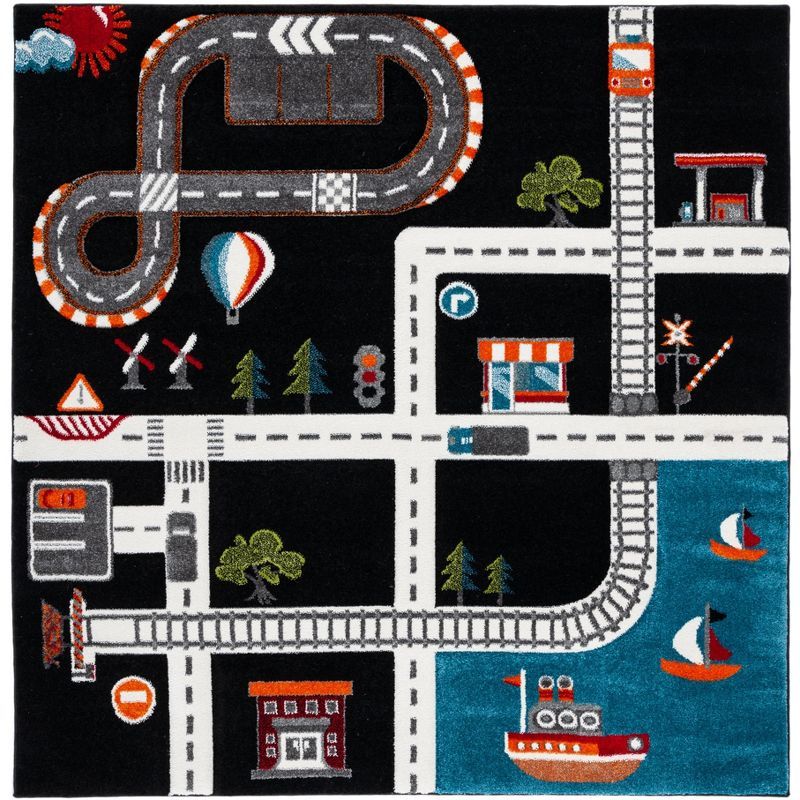 Playful Storybook Animals Black/Ivory Square Area Rug for Kids