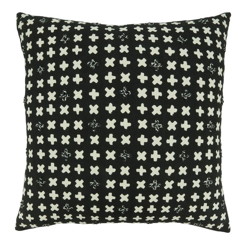 Black and White Embroidered Cotton Square Throw Pillow