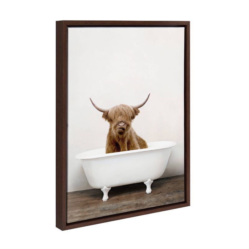 Highland Cow in Tub Brown and White Framed Canvas Print