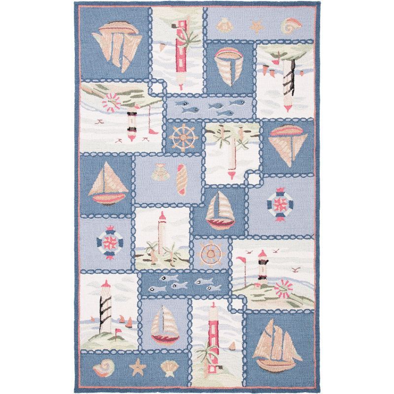 Blue Nautical Hand-Hooked Wool Area Rug, 3'9" x 5'9"