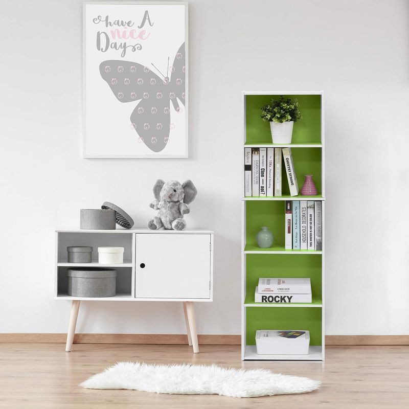 White and Green 5-Tier Laminated Bookcase