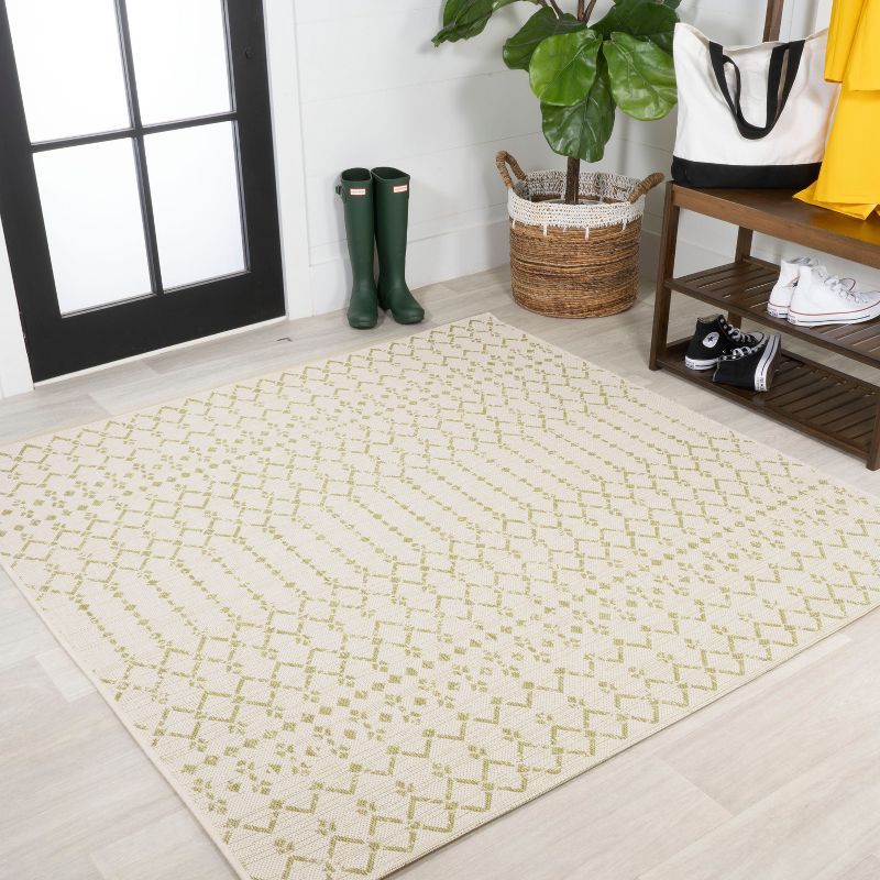 Cream and Green Geometric Synthetic Square Rug