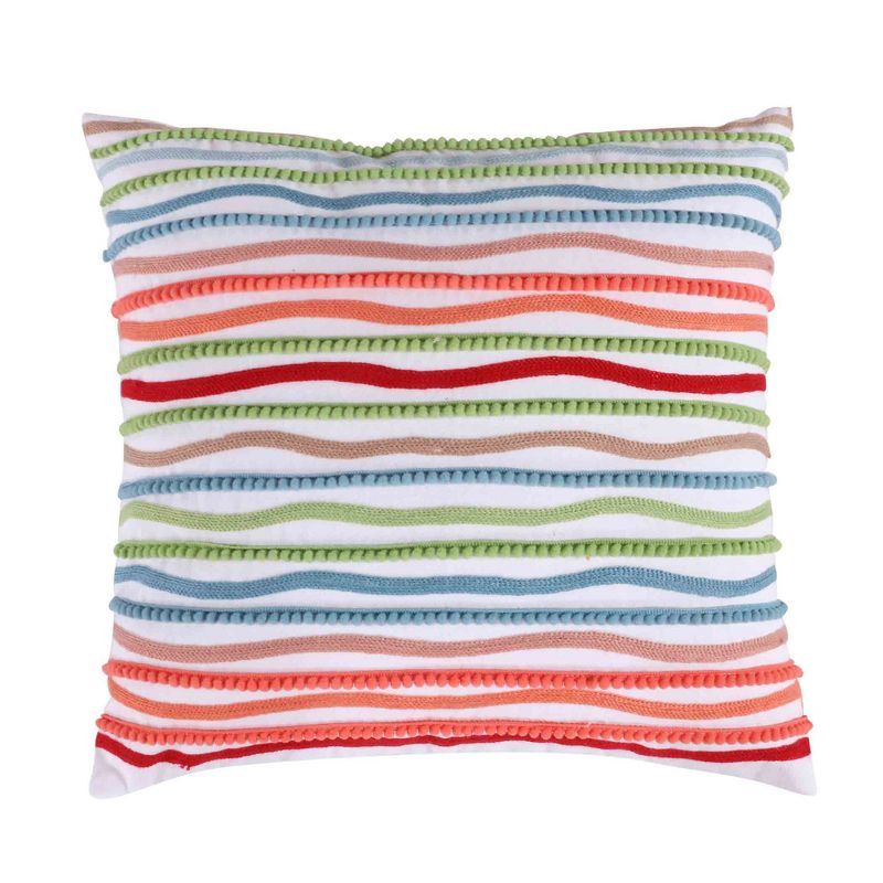 Multicolor Striped Pom Pom Embroidered Nursery Throw Pillow