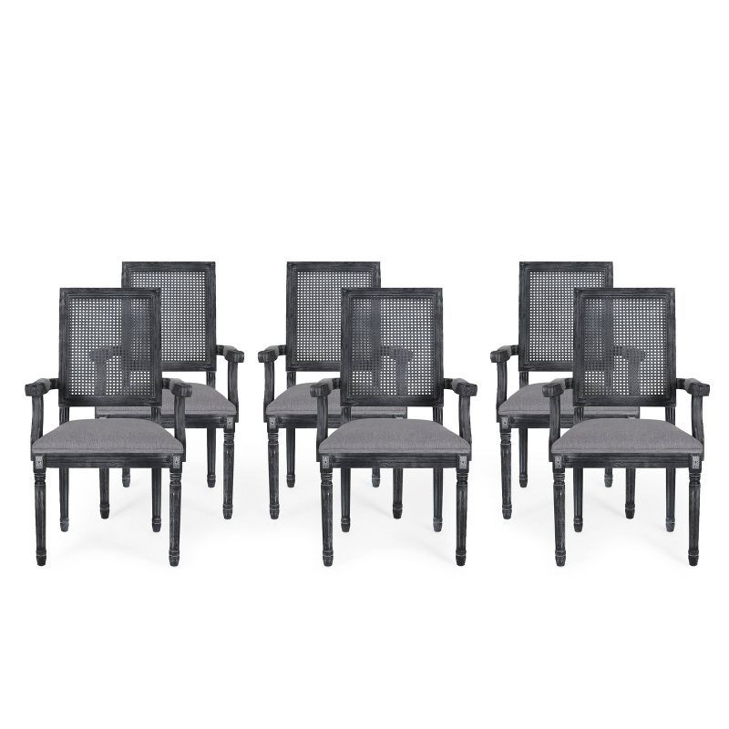 Gray Upholstered Arm Chair with Cane Back and Wood Frame