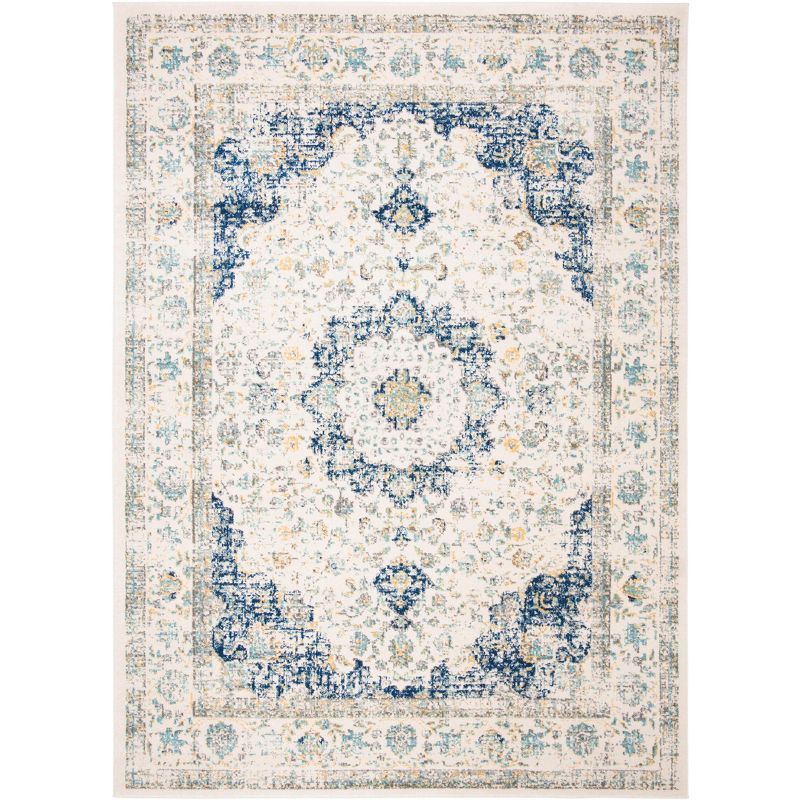 Ivory and Blue High Pile Floral Rectangle Area Rug