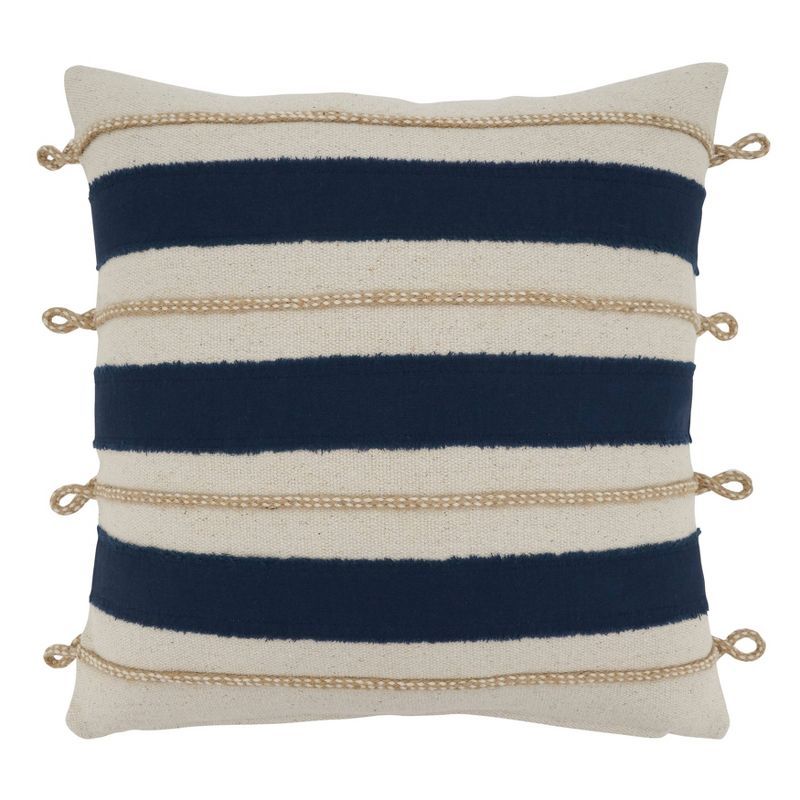 Navy Blue and Beige Cotton Rope Applique 18" Square Throw Pillow Cover