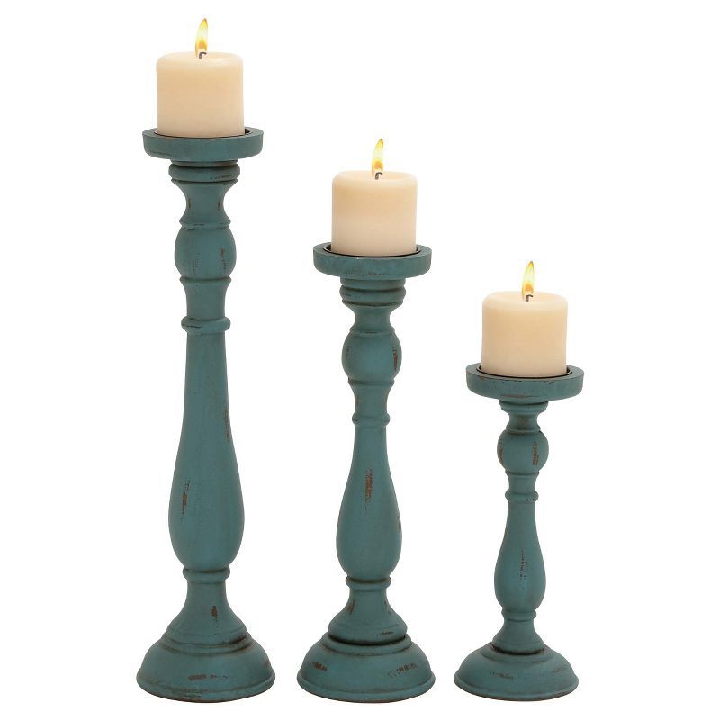 Teal Wood Fluted Pillar Candle Holders Set of 3