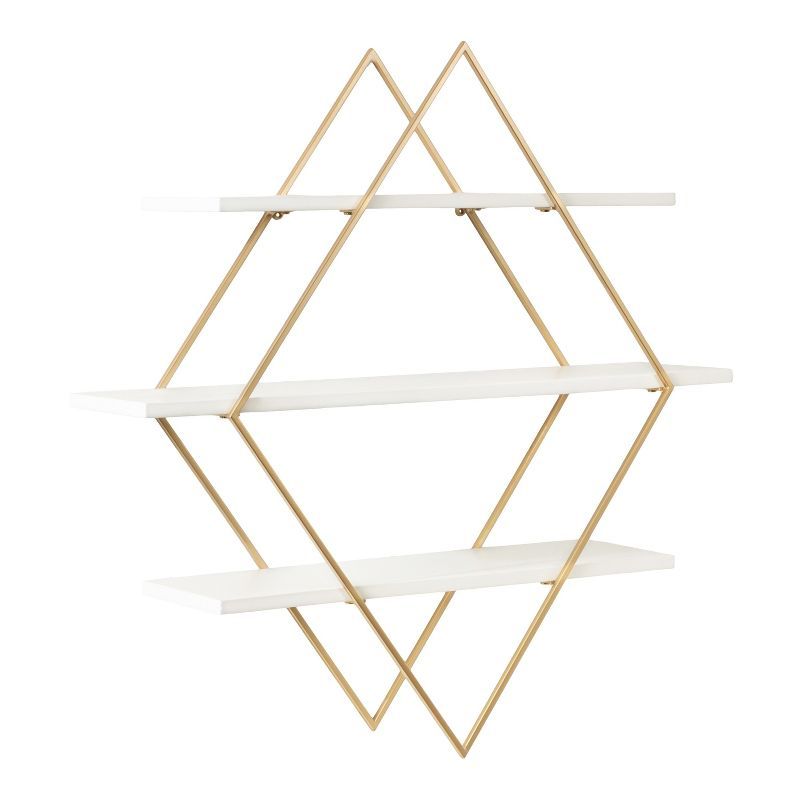 White and Gold Diamond Floating Wall Shelf with Wooden Accents