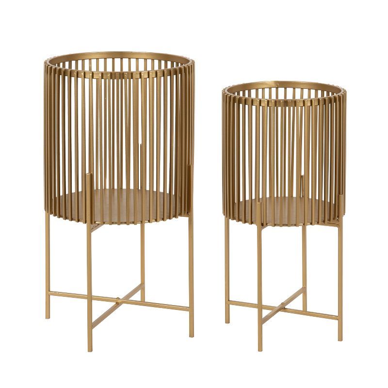 Gold Metal 2-Piece Floor Planter Set with Foldable Stand