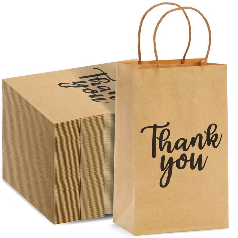 Brown Kraft Paper Thank You Gift Bags with Handles, 100-Pack