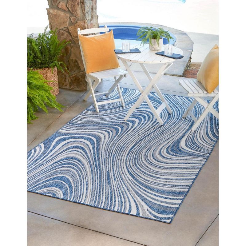 Abstract Blue Synthetic 9' x 12' Easy-Care Outdoor Rug