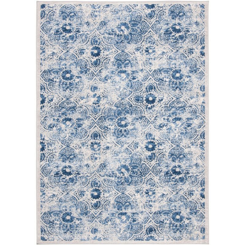 Cream and Blue Hand-Knotted Synthetic Area Rug