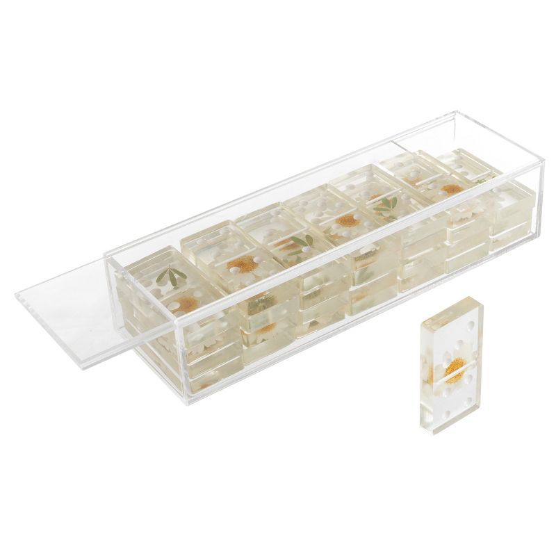 Clear Acrylic Domino Set with Daisy Flowers - 28-Piece Strategy Game