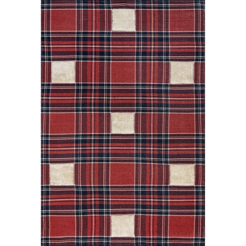 Red and Beige Wool Synthetic Checkered Plaid Area Rug 2' x 3'