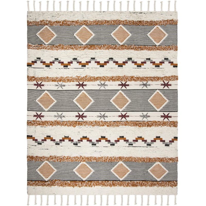 Ivory and Black-Orange Hand-Knotted Wool Geometric 8' x 10' Rug