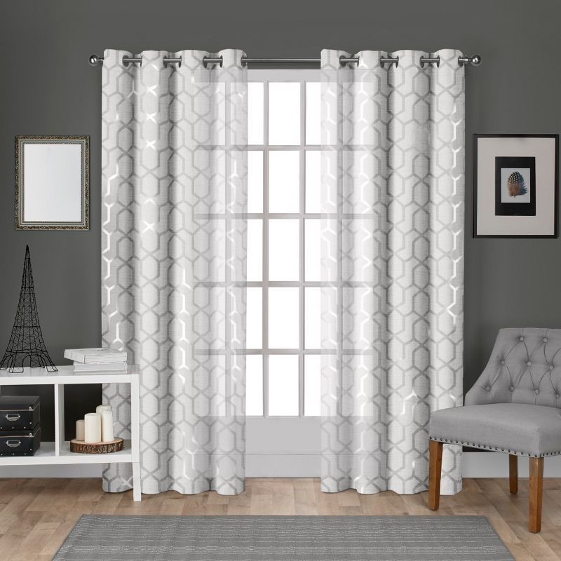 Extra Long White and Silver Sheer Geometric Grommet Window Drapes