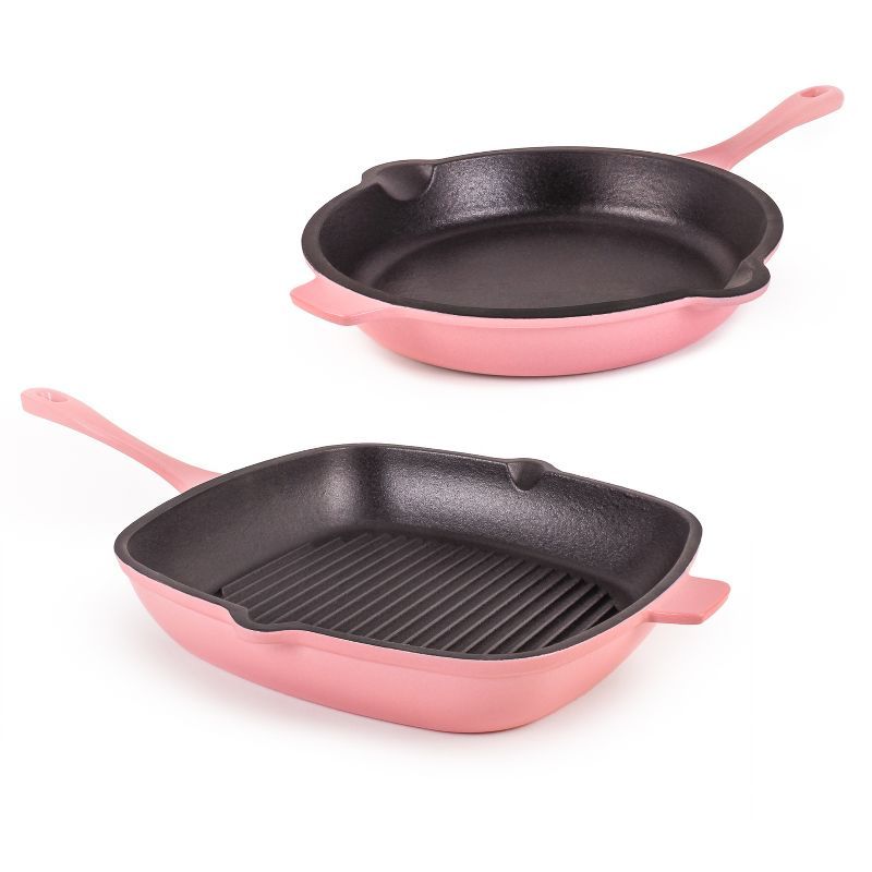 Pink Enameled Cast Iron 2-Piece Griddle and Fry Pan Set