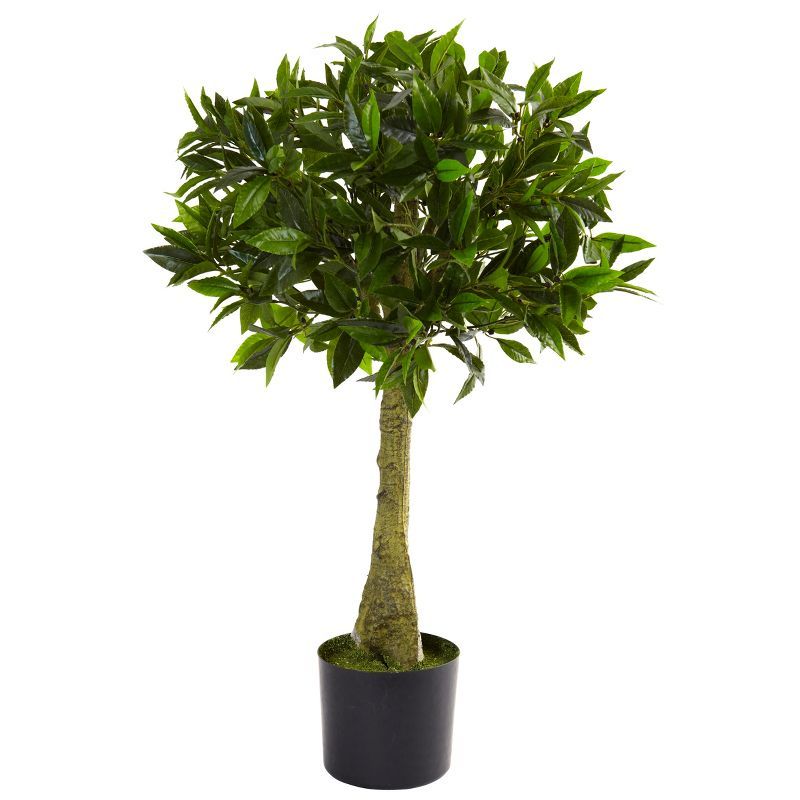 3-Foot Green Plastic Bay Leaf Topiary in Black Pot